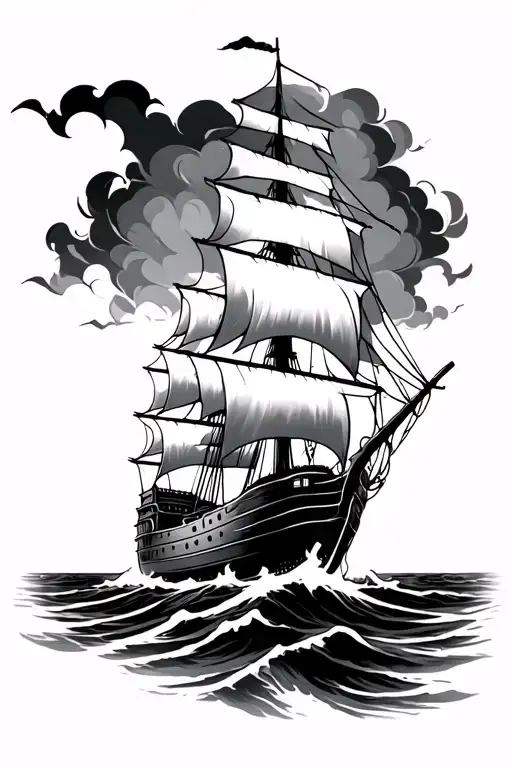 burning ship sailing through stormy tattoo design idea