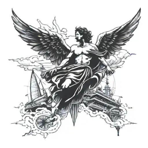 Gabriel the angel flying over a marina bay tattoo design idea