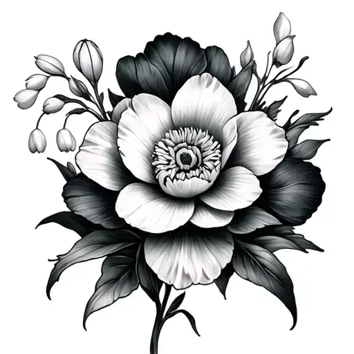 Daffodil,lilly of the valley, peony, Narcissis, aster flower tattoo design idea