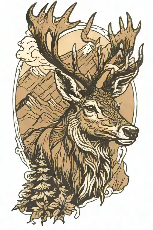 stag's head and mountains  tattoo design idea