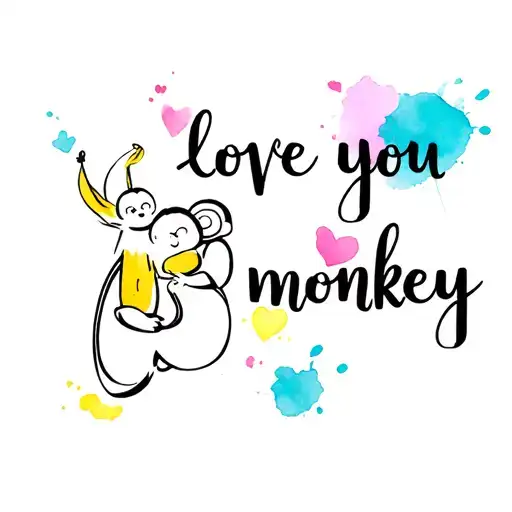 ""love you monkey"" mama monkey holding a banana and a baby monkey with watercolor splashes of color tattoo design idea