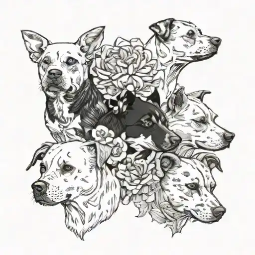 4 dogs heads, 4 different breeds: chihuahua, pitbull, wienreimer, Chesapeake bay retriever. flowers around them tattoo design idea