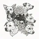 4 dogs heads, 4 different breeds: chihuahua, pitbull, wienreimer, Chesapeake bay retriever. flowers around them tattoo design idea