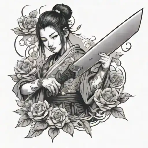 make a Japanese girl with flowers, holding a dagger and doing harakiri tattoo design idea