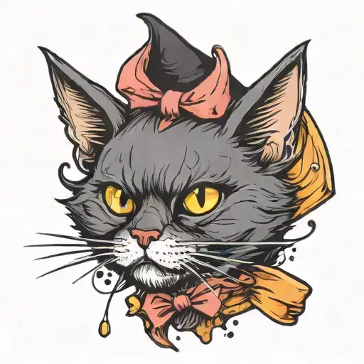 Halloween cat head with bow tie and colorful bat wings on the side chest piece tattoo design idea