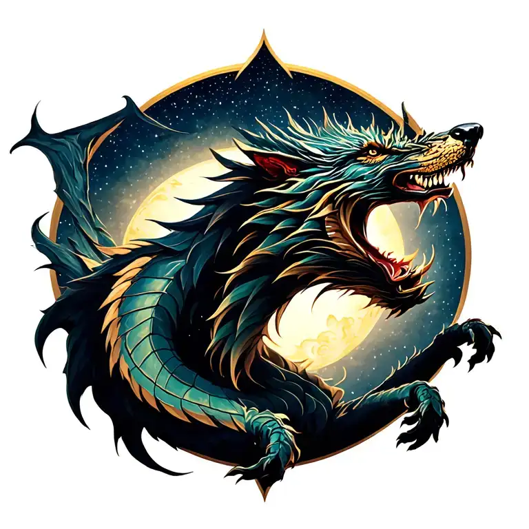 Dragon ,Star and wolf howling tattoo design idea