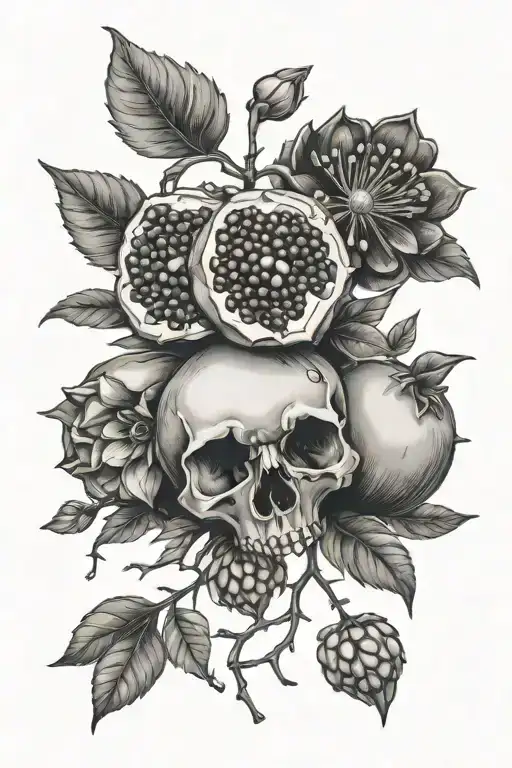 Pomegranate branches, flowers, fruit and seeds inspired by persephone with skulls tattoo design idea