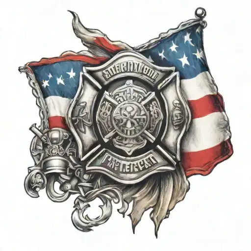 Firefighter Insigna, with american and puerto rican flag ripping through the skin tattoo design idea