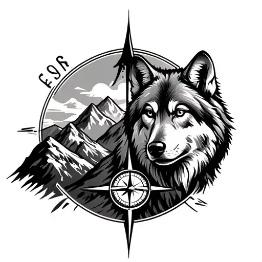 mountains with compass and wolf tattoo design idea