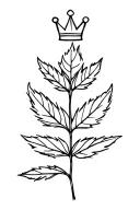 Mint leaf with a small crown above it, fine line, minimalist, black and white tattoo design.  tattoo design idea