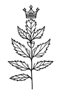 Mint leaf with a small crown above it, fine line, minimalist, black and white tattoo design.  tattoo design idea