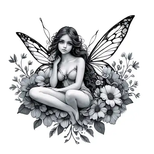 tiny fairy sitting in a bundle of flowers blooming tattoo design idea