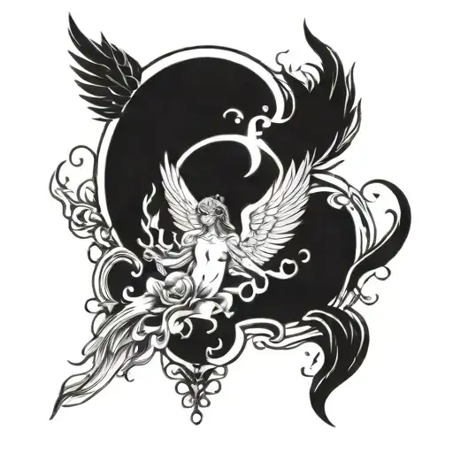 Create a small tattoo drawing that includes the word angel, wings, a halo, flames and an angel falling from heaven on an tattoo design idea
