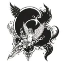 Create a small tattoo drawing that includes the word angel, wings, a halo, flames and an angel falling from heaven on an tattoo design idea