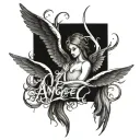 Create a small tattoo drawing that includes the word angel, wings, a halo, flames and an angel falling from heaven on an tattoo design idea