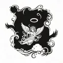 Create a small tattoo drawing that includes the word angel, wings, a halo, flames and an angel falling from heaven on an tattoo design idea