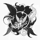 Create a small tattoo drawing that includes the word angel, wings, a halo, flames and an angel falling from heaven on an tattoo design idea