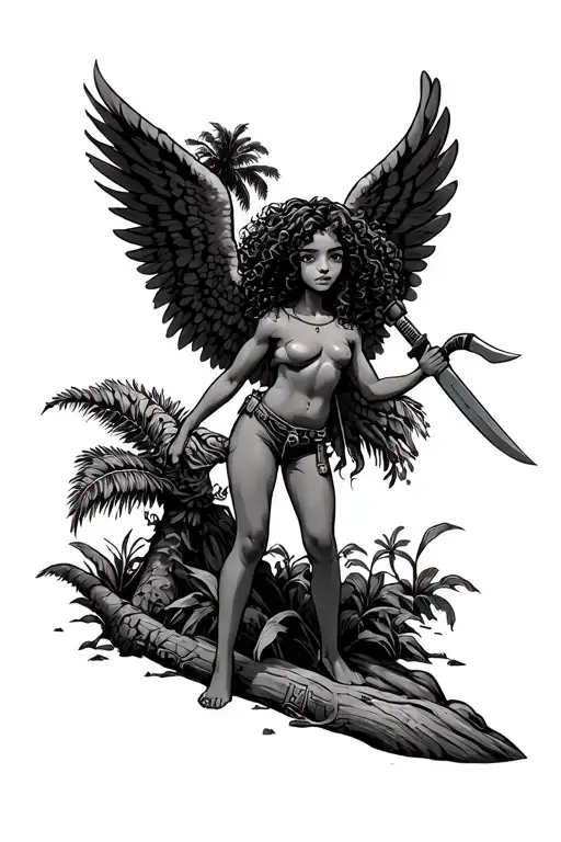 palm tree guardian angel curly hair tan girl holding machete tattoo design idea