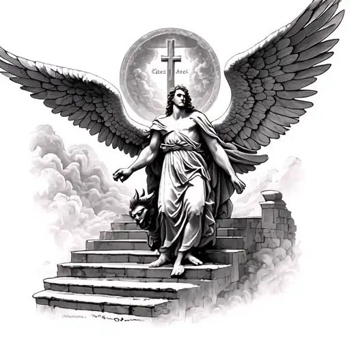 full arm sleeve. forearm shows saint michael archangel defeating the devil. above this is the stairway to heaven tattoo design idea