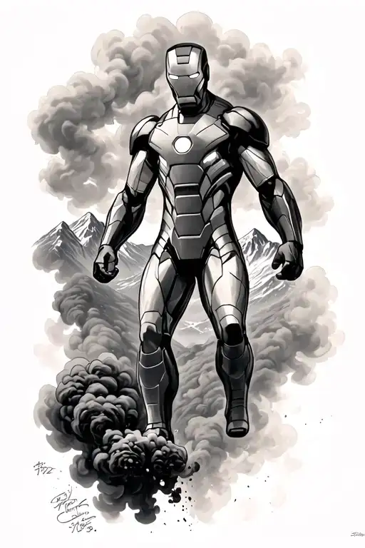 “Iron Man ascending in black & grey, smoke below feet, Alps in background, bib 1172 on arm, vertical tattoo tattoo design idea