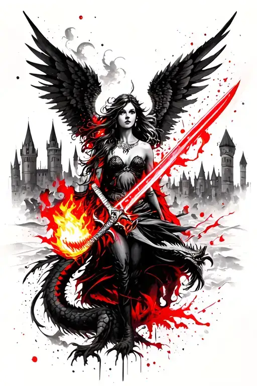Great Angel woman with a flaming sword with distant English castles in the background and a dragon with fire in her mouth tattoo design idea