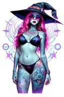 Sexy witch, petite, big boobs, wide hips, bikini . pink hair,sexual. Seductive. Full Body including arms. glasses tattoo design idea