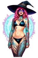 Sexy witch, petite, big boobs, wide hips, bikini . pink hair,sexual. Seductive. Full Body including arms. glasses tattoo design idea