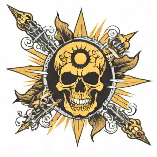 tarot card the sun, angry skull,  tattoo design idea