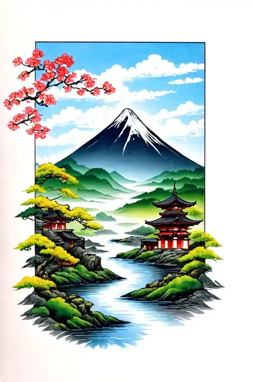 A mountain in the background, a tori and a river in Japanese style tattoo design idea