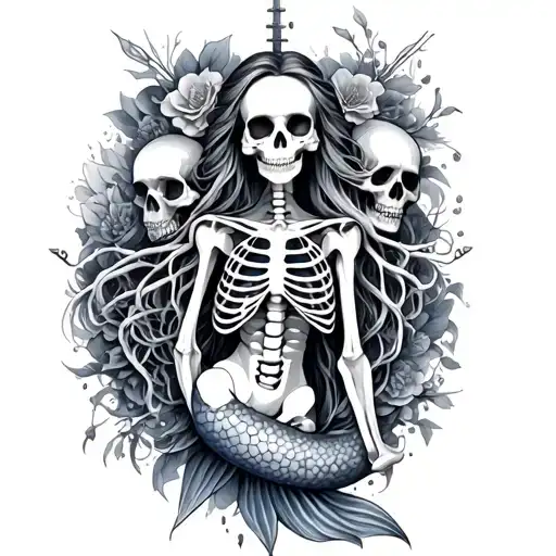 mermaid skeleton and skulls surrounded tattoo design idea