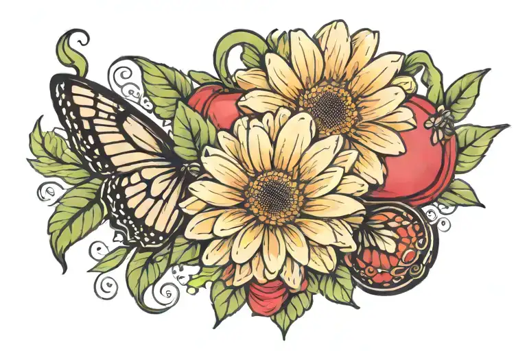 Gerber daisy, apple, ballet slipper tattoo design idea