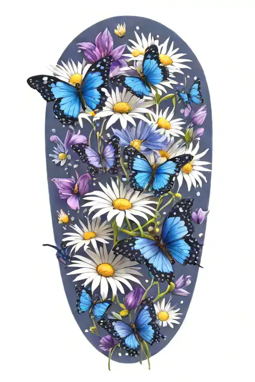 daisys, blue cosmos flowers, purple butterfly tattoo design idea