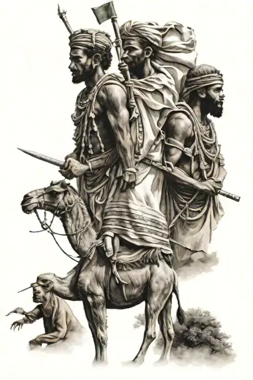 Eritrean flag above a camel and 2 African warriors tattoo design idea