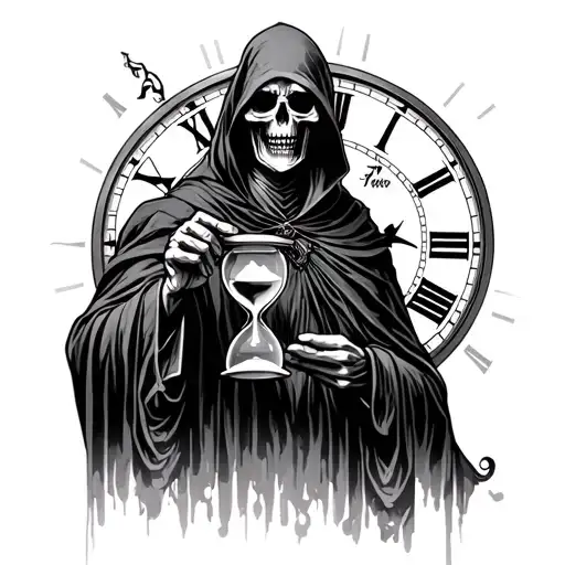 the grim reaper holding an hourglass in one hand, with a roman numeral clock in the background tattoo design idea