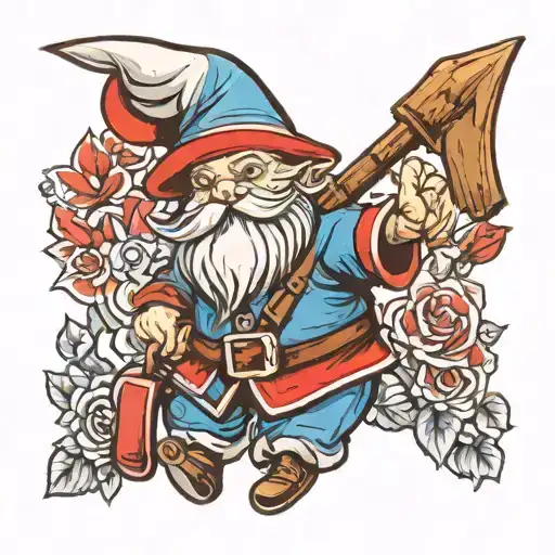 a garden gnome, using a red hat and a blue outfit tattoo design idea