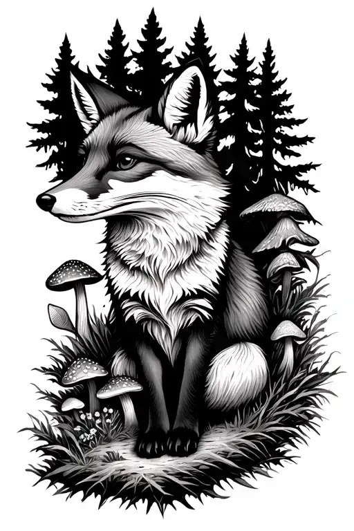 black and white Fox with mushroom and forest scene tattoo design idea
