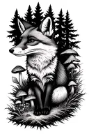 black and white Fox with mushroom and forest scene tattoo design idea