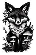 black and white Fox with mushroom and forest scene tattoo design idea