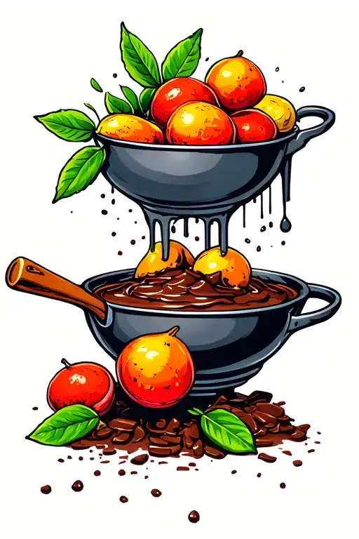 colored cocoa fruits combined with a wooden spoon stirring a pan with chocolate. tattoo design idea