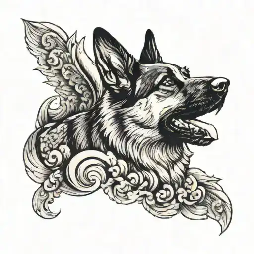 A German shepherd with a halo surrounded by swirling clouds and angelic figures tattoo design idea