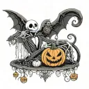 jack Skellington Sally side profile with dog zero handing a pumpkin with webs nightshade thorn vines chandelier swirls tattoo design idea