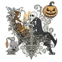 jack Skellington Sally side profile with dog zero handing a pumpkin with webs nightshade thorn vines chandelier swirls tattoo design idea