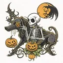 jack Skellington Sally side profile with dog zero handing a pumpkin with webs nightshade thorn vines chandelier swirls tattoo design idea