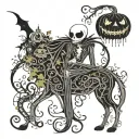 jack Skellington Sally side profile with dog zero handing a pumpkin with webs nightshade thorn vines chandelier swirls tattoo design idea