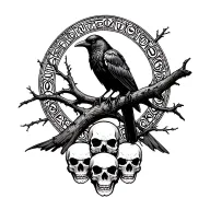 Tattoo sketch Scandinav Raven sitting on a branch surrounded by Scandinavian runes. Three bird skulls are depicted below. tattoo design idea