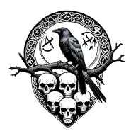 Tattoo sketch Scandinav Raven sitting on a branch surrounded by Scandinavian runes. Three bird skulls are depicted below. tattoo design idea