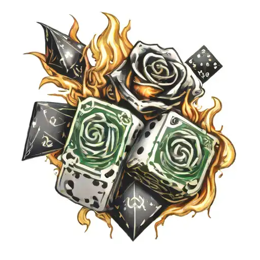 money rose on fire with dice symbolizing the gamble tattoo design idea