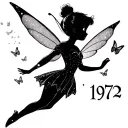 tinkerbell cartoon Peter Pan version with her fairy dust falling  in a shape of butterflies with the year 1972 tattoo design idea
