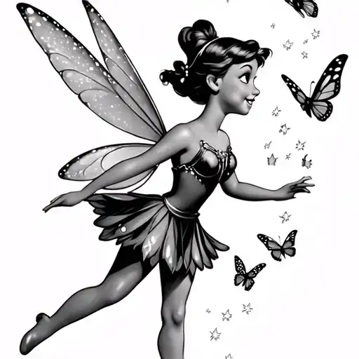 tinkerbell cartoon Peter Pan version with her fairy dust falling  in a shape of butterflies with the year 1972 tattoo design idea