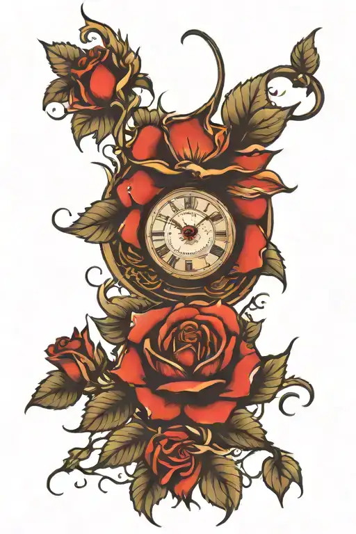 Clock inside a Rose tattoo design idea